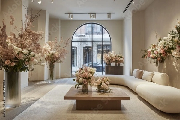 Fototapeta A floral boutique focusing on curated flower arrangements, set in a stylish interior with accent lighting and artistic displays.