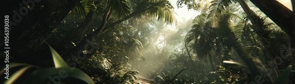 Fototapeta A dense jungle scene illuminated by sunlight filtering through the trees.