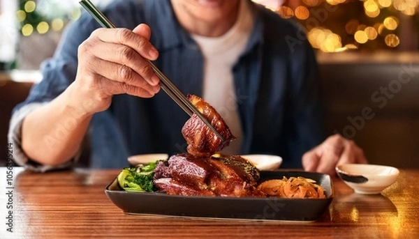 Fototapeta Faceless man eat Char Siu in restaurant with bokeh background. Chinese Food.