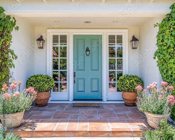 Fototapeta Beautiful front entrance with a turquoise door, potted plants, and decorative lanterns, showcasing a welcoming atmosphere on a sunny day.