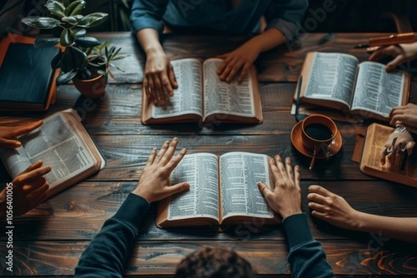 Fototapeta Christian Bible Study Group at Home Discussing and Reading Scripture Together
