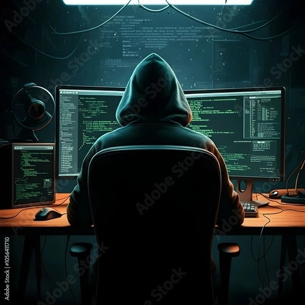 Obraz Dramatic depiction of a hacker's workspace, filled with monitors and lines of code, evoking tension