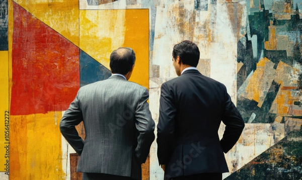 Fototapeta Two businessmen stand in front of vibrant abstract mural, engrossed in conversation. They seem intrigued and inspired by artwork, their body language conveying shared sense of wonder