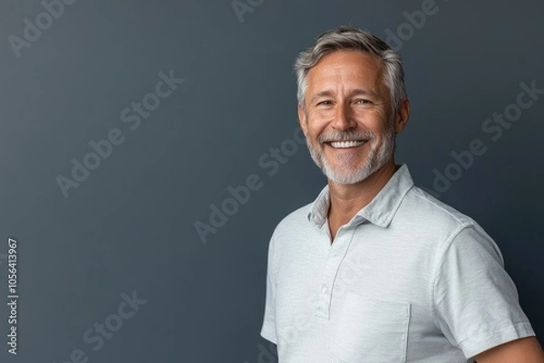 Fototapeta Senior male presenter in a casual shirt, smiling, standing against a solid blue-gray background with space for text