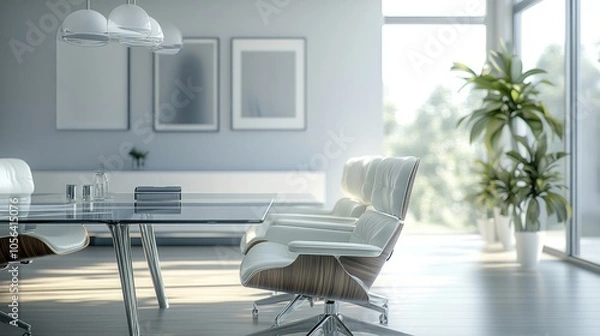 Fototapeta High-resolution photorealistic image of a bright, contemporary boardroom featuring a polished glass table, stylish chairs, and minimalist decor The professional color grading enhances the luxurious,