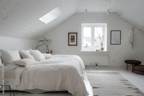 Obraz Simple and cozy white bedroom with minimal furnishings and elegant touches
