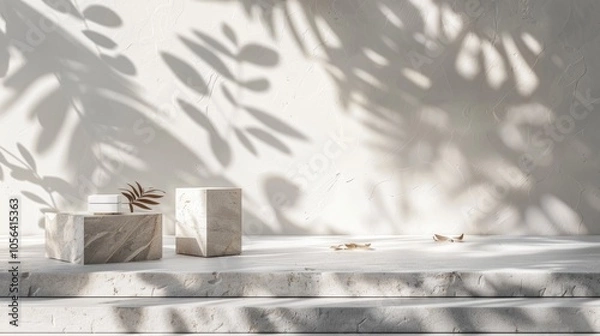 Obraz Elegant product display with stone, minimalistic design, and natural leaf shadows