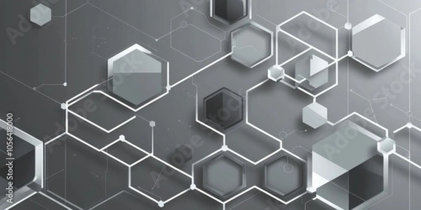 Fototapeta Hexagonal molecular structure, 3D geometric shapes, abstract scientific background, gray and white color scheme, interconnected nodes, futuristic network visualization, honeycomb pattern, clean minima