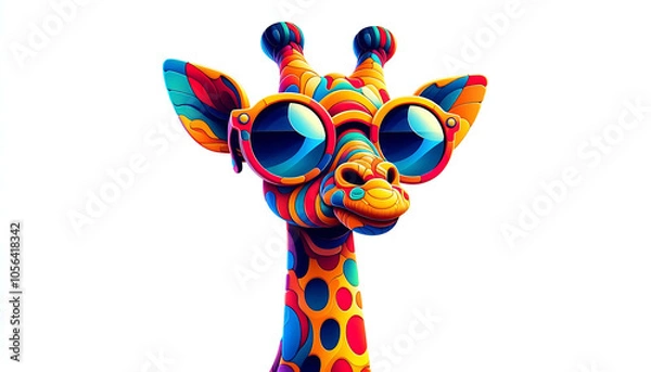 Obraz Cartoon colorful giraffe with sunglasses on white background. Created with generative AI
