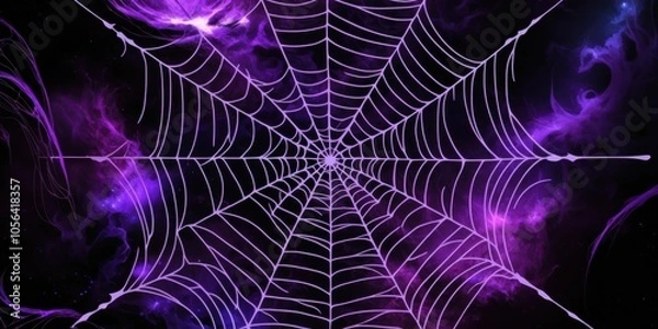 Fototapeta Intricate spider web, central perspective, glowing purple background, magical atmosphere, ethereal lights, dark fantasy, digital art, vibrant neon colors, mysterious aura, supernatural elements, high 