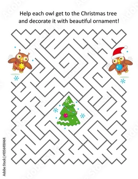 Fototapeta Winter holidays maze game. Help each owl find way to Christmas tree and bring beautiful ornaments to decorate it.
