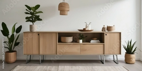 Fototapeta Modern wooden sideboard, minimalist living room, sleek metal legs, open shelving, decorative plants, abstract wall art, neutral tones, contemporary interior design, clean lines, mid-century modern inf