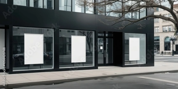 Fototapeta Modern glass storefront, minimalist architecture, empty retail space, reflective windows, black metal framing, urban setting, clean lines, commercial property, street view, transparent facade, contemp