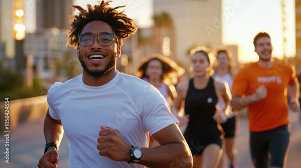 Obraz A young man with glasses sprints with a group in an energetic city run, embodying youthfulness and determination amid an urban backdrop in daylight.
