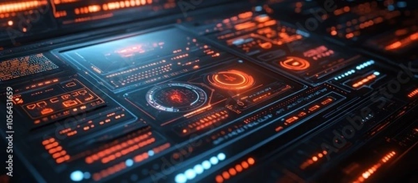 Obraz Futuristic digital interface with glowing red and blue elements.