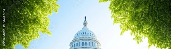 Fototapeta Scenic view of a government building surrounded by lush greenery under a clear blue sky, representing democracy and nature.