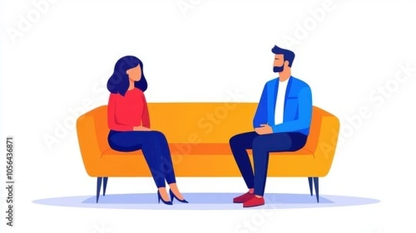 Obraz A man and woman engage in conversation while seated on a bright orange couch, conveying a relaxed and friendly atmosphere.