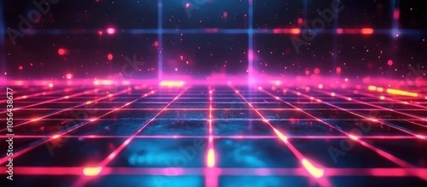 Fototapeta Futuristic glowing grid with neon lights in pink and blue.