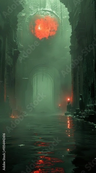Fototapeta Mysterious Green Ruins with a Red Orb
