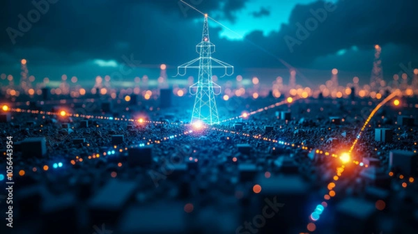 Obraz An illuminated power tower stands amidst a futuristic cityscape at twilight, showcasing energy connectivity and urban advancement