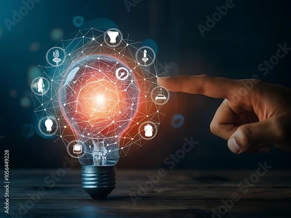 Fototapeta hand-touching tech bulb with tech idea