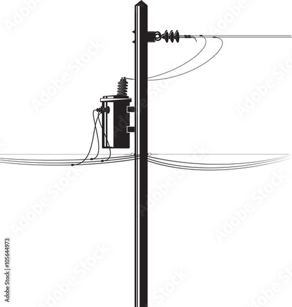 Obraz High-voltage electric transformer on a pole and wires