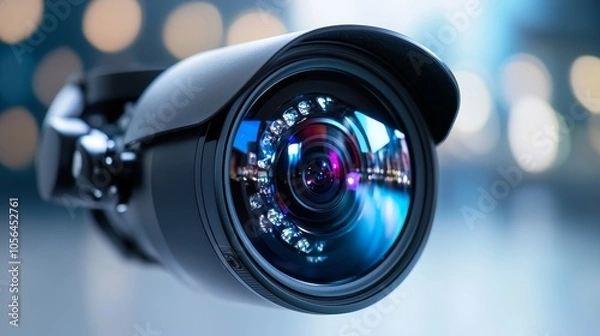 Fototapeta Web camera with adjustable head and wide-angle lens, sleek black body, placed on a clean white surface, sharp detail, crisp lighting