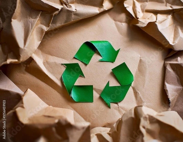 Obraz Green metallic recycling symbol centered on crumpled brown kraft paper