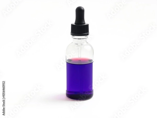 Fototapeta A dropper bottle with a clear label filled with liquid on a white background, dropper, top view