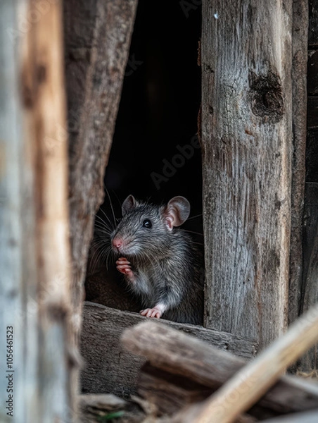 Fototapeta A curious rat peeks from a wooden structure, highlighting its natural habitat.