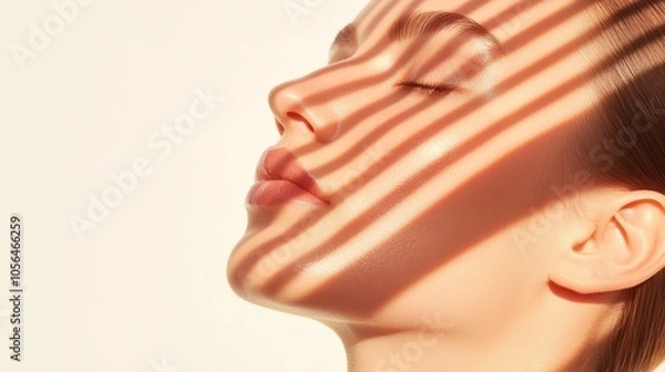 Fototapeta Woman's glowing skin with subtle lifting lines on her cheeks and jaw, under bright daylight, emphasizing a professional, natural facial treatment