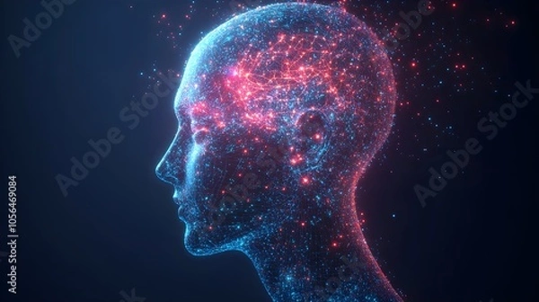 Fototapeta High-tech human head with vibrant neural networks, glowing in neon hues, symbolizing the exchange of data and the fusion of artificial intelligence and human cognition