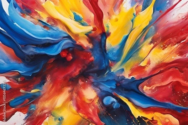 Fototapeta Abstract colorful painting with beautiful blue, red and yellow watercolors on a white background.