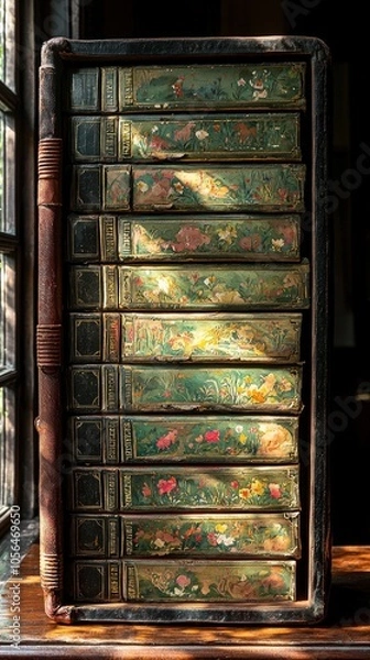 Fototapeta Collection of vintage books with ornate covers in a library setting