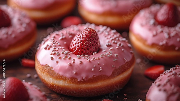 Fototapeta Strawberry Frosted Donuts with Pink Icing and Fresh Strawberries for a Sweet Indulgence