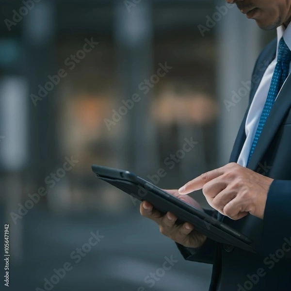 Obraz Professional businessman analyzing data on a tablet while commuting, emphasizing AI technology and mobility