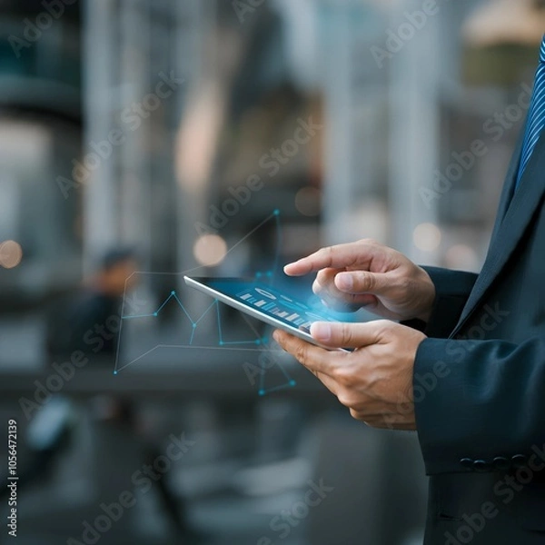 Obraz Urban mobility: businessman using AI technology on a tablet for quick data analysis in a city environment