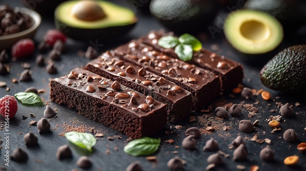 Fototapeta Fudgy Chocolate Avocado Brownies with Rich Chocolate Chips and Fresh Avocado Halves