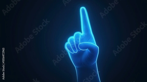 Fototapeta Glowing blue neon hand gesture pointing upwards on a dark background.