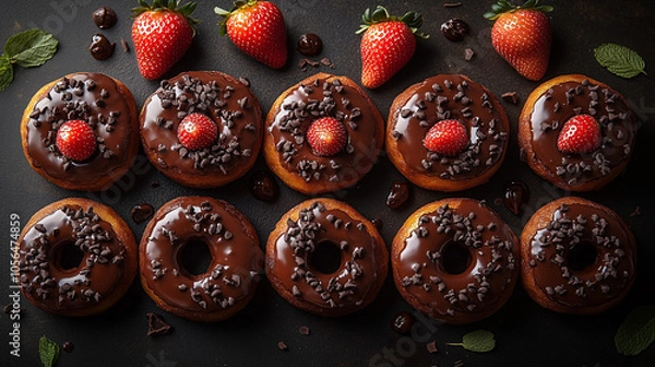 Fototapeta Chocolate Glazed Donuts with Fresh Strawberries and Chocolate Chips on a Dark Rustic Background
