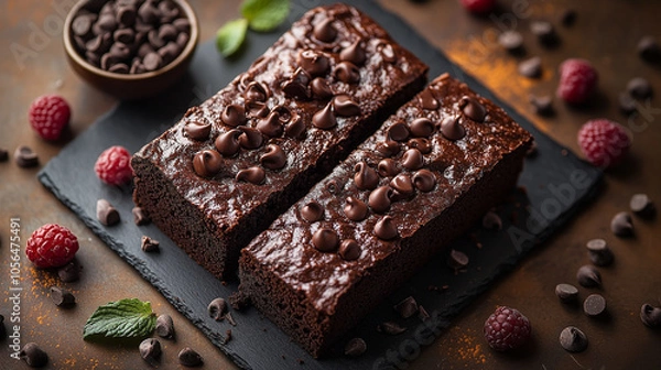 Fototapeta Rich and Fudgy Chocolate Brownies with Chocolate Chips and Fresh Raspberries on a Slate Plate with Mint Leaves