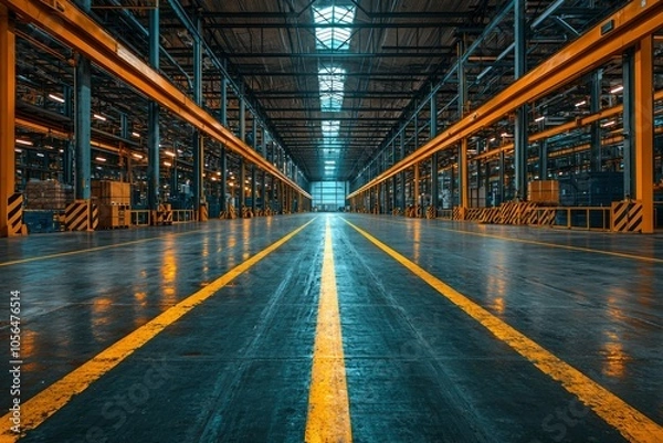 Fototapeta Empty Industrial Warehouse with Yellow Lines on Concrete Floor