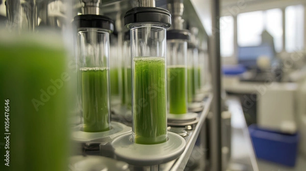 Obraz Laboratory setup with test tubes containing green liquid, likely for scientific research.