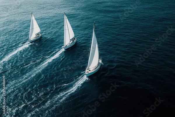 Obraz Three sailboats glide through deep blue waters, showcasing leisure and adventure on the sea.