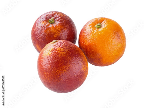 Fototapeta Three colorful red sicilian oranges isolated on white
