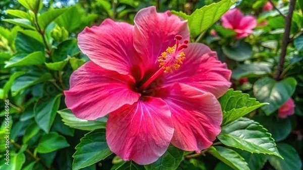 Fototapeta Large hibiscus flower with bright pink petals, stamen in the center, and green leaves surrounding it, petal, organic