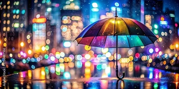 Fototapeta A tranquil night rain with a colorful bokeh effect transforms the city skyline into a dreamy backdrop, featuring an umbrella amidst a serene, relaxing atmosphere.