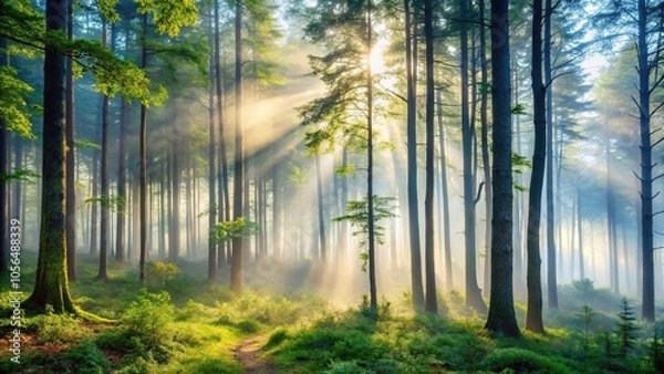 Fototapeta Misty morning in the forest with fog rolling through the trees, greenery, misty atmosphere, tree silhouettes