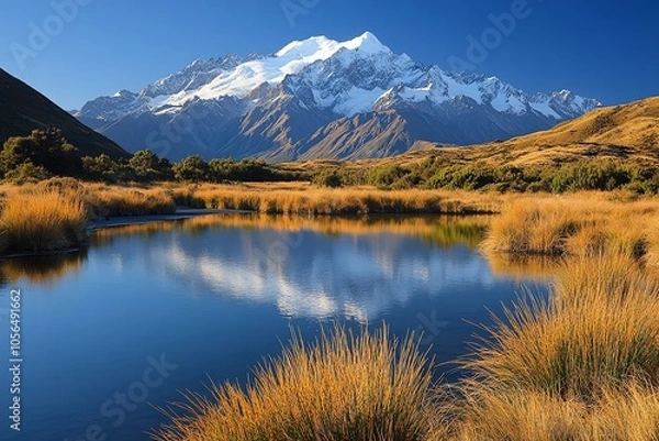Fototapeta A stunning view of a snow-capped mountain reflected in a calm lake, with golden grass in the foreground and a blue sky overhead.
