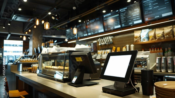 Obraz Contemporary coffee shop counter setup featuring digital point of sale system, illuminated menu boards, and a variety of coffee supplies and pastries